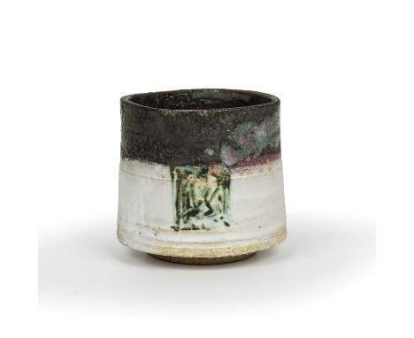 Robin Welch (1936-2019)Bowlstoneware, bands of dark and white glaze beneath squares of green slipimpressed potter's seal