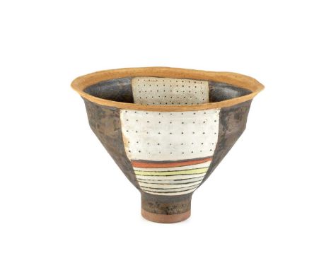 Robin Welch (1936-2019)Footed bowl, 1988stoneware, squeezed form, with manganese glaze with lighter rectanglesimpressed potte
