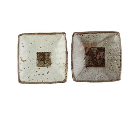 Janet Leach (1918-1997)Two square disheswith oatmeal and iron glazesimpressed pottery and potter's seal14cm diameter (2).mark