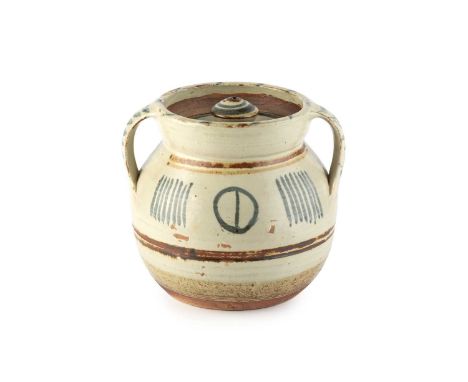 Michael Cardew (1901-1983) at Wenford BridgeStorage jar with handlesstoneware, with blue and iron brushwork on a cream glazei