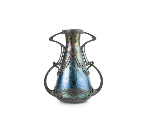 Attributed to Loetz for Boudon and KlurA secessionist iridescent glass and pewter vaseiridescent glass with pewter mount, pie