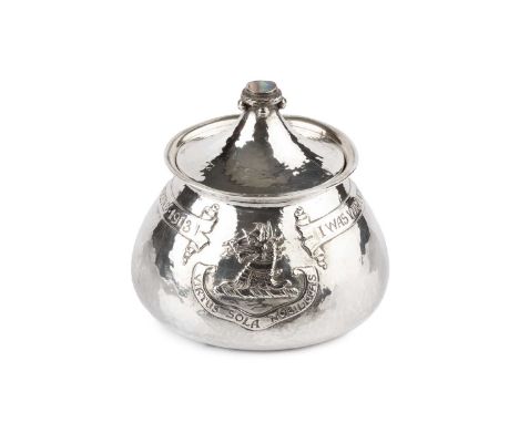 Omar Ramsden (1873-1939) and Alwyn Carr (1872-1940)An Arts and Crafts inkwell and cover, 1912silver, with a beaten finish, de