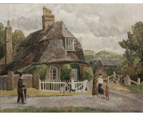 Katherine Hartnell (1886-1970)Cottage with Figures Outsidesigned (lower right)oil on board42 x 54cm. Provenance:The collectio