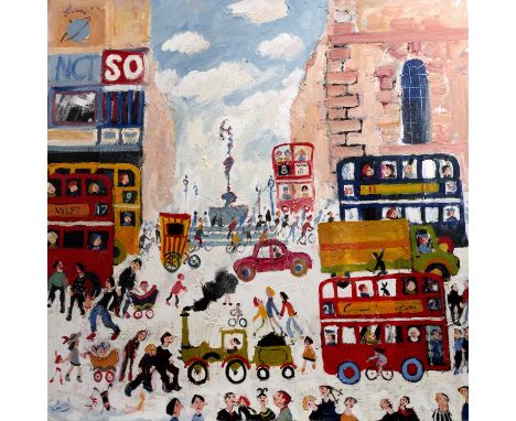 Simeon Stafford (b.1956)Traction Engine of Piccadilly, Londonsigned (lower left)oil on canvas81 x 81cm, unframed.Condition go