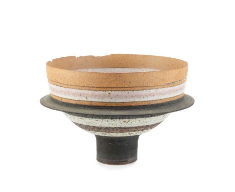 Robin Welch (1936-2019)Footed bowlbands of coloured glazesimpressed potter's seal18cm high, 30cm diameter. 