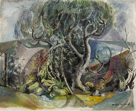 Michael Ayrton (1921-1975)Landscape with Tree and Fencesigned (lower right)gouache33 x 39cm. Provenance:The collection of Pau