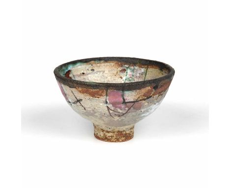 Robin Welch (1936-2019)Footed bowlstoneware, dark rim with splashes of glazeimpressed potter's seal8cm high, 13cm diameter.Ov