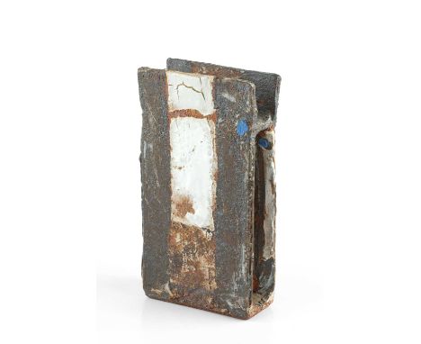 Robin Welch (1936-2019)Slab vesselstoneware, dark iron glaze with blocks of white and cream slipimpressed potter's seal22cm h