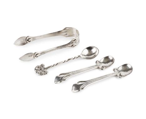 Keswick School of Industrial ArtAn Arts and Crafts caddy spoon, sugar tongs, and three spoonssilverthe caddy spoon 7cm long (