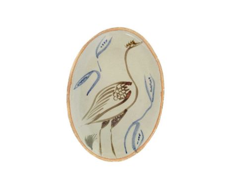 Michael Cardew (1901-1983)Dishstoneware, grey glaze with brushwork crane in an iron glazepainted initial and impressed 'Abuja