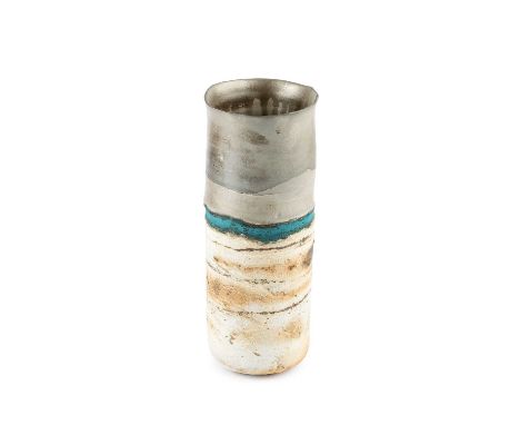Robin Welch (1936-2019)Landscape vesselstoneware, with silver band to the rim over a thin turquoise band and a textured glaze
