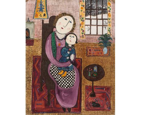 Dora Holzhandler (1928-2015)Mother and Child with a Black Cat, 1982signed and dated (lower right), titled (to reverse)oil on 