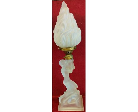 ART DECO FEMALE FIGURE FORM GLASS LAMP WITH SHADE. APP. 43.5CM H REASONABLE USED CONDITION, LARGE CHIP TO TOP OF SHADE, SCRAT