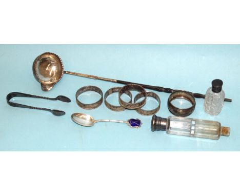 A 19th century white metal punch ladle with baleen twisted handle, 34.5cm long, five silver napkin rings and other small silv