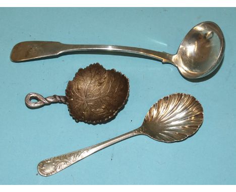A Victorian caddy spoon of leaf form with twist handle, London 1862, a 19th century Greenock sauce ladle and a later preserve