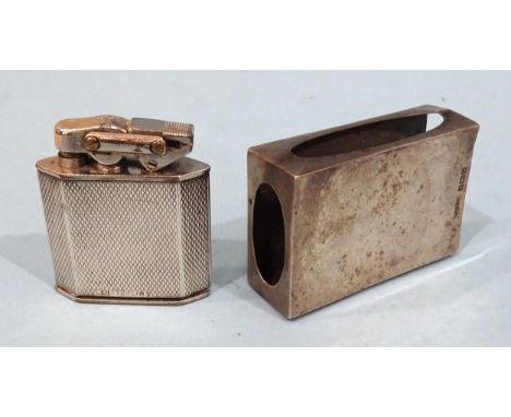 A vintage Elisorn sterling silver auto tank cigarette lighter, 4.5cm, together with a silver matchbox holder, Birmingham 1940