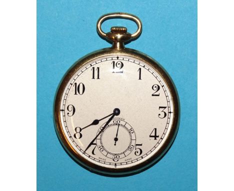 Longines, an 18ct-gold-cased open-face keyless pocket watch, the white enamel dial with Arabic numerals and seconds subsidiar