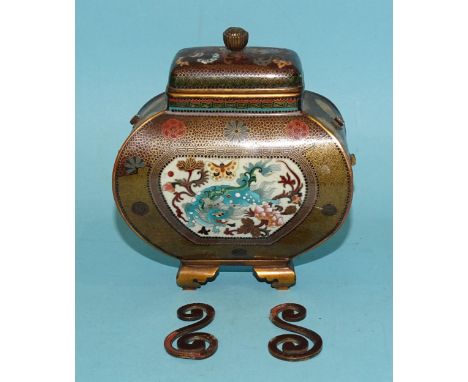 A small Japanese cloisonné enamel vase and cover of four-sided&nbsp; bombe shape, on gilt metal bracket feet, the oblong cove