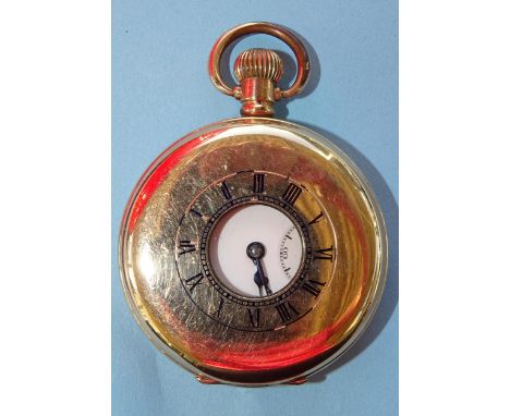 Omega, a gold-plated half-hunter-cased keyless pocket watch, the white enamel dial with Roman numerals and seconds subsidiary