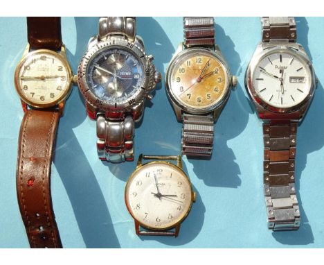 Five various gentleman's wrist watches, including Zeitner Commando chronograph and Mondaine, (5). 