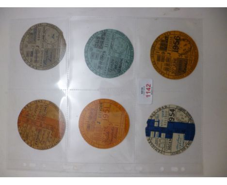 Six Vintage Vehicle Tax Discs 1943 to 1956 inc 1943 31 Dec (annual) Austin, black, reg no: EX4895, Licensed by Great Yarmouth