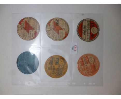 Six Vintage Vehicle Tax Discs 1938 to 1957 including 1938 30 Sept (quarterly) Austin, royal blue, reg no: JT3404, Licensed by