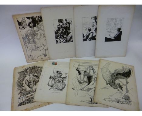 Packet 30 plus items orig pen and ink, watercolour and other orig illustrations incl TED JEFFREY (7), F CLEMENTSON (3), NORMA