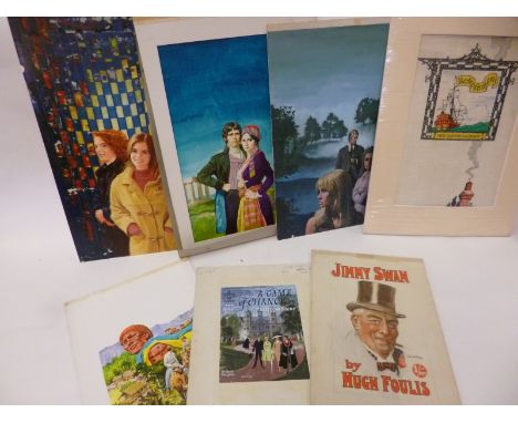 Pack of seven assorted items orig watercolour etc artwork for d/ws/book covers incl Leslie Wood "A GAME OF CHANCE" pub Hodder