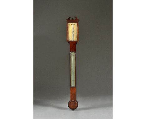 An early 19th century mahogany cased stick barometer by T. BLUNT, LONDON, with broken arch pediment, gilded dial, visible mer