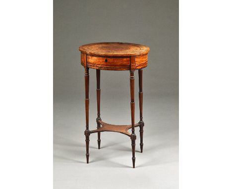 WILKINSON, LUDGATE HILL; an early 19th century mahogany, amboyna and burr yew work table, with single frieze drawer on turned