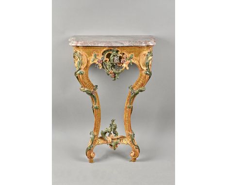 A 19th century Italian console table, the serpentine marble top over a polychrome painted floral chased gilt base, 57cm wide 