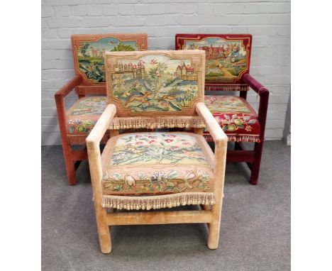 A set of three Charles II style square back open armchairs, with tapestry upholstery depicting large houses in formal gardens