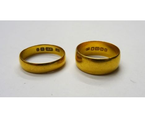 A 22ct gold wide band wedding ring, Birmingham 1904, ring size P and a half and a late Victorian 22ct gold wedding ring, Birm