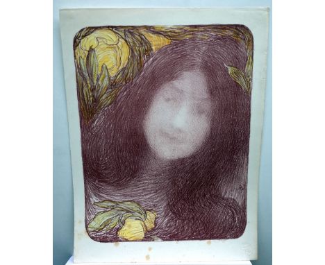 Edmond François Aman-Jean (French 1858 - 1936), Sous les Fleurs, colour lithograph, faint blindstamp for l'Estampe Moderne, a