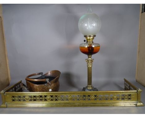 A Victorian oil lamp on brass fluted acanthus column and marble plinth base, 80cm high, a copper coal scuttle and a 19th cent