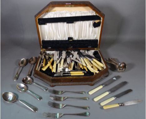 A quantity of silver plated flatware and an oak canteen box. 