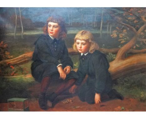 James Sant (1820-1916), Portrait of two young boys in the woods, oil on canvas, signed with monogram, 103cm x 144.5cm.  