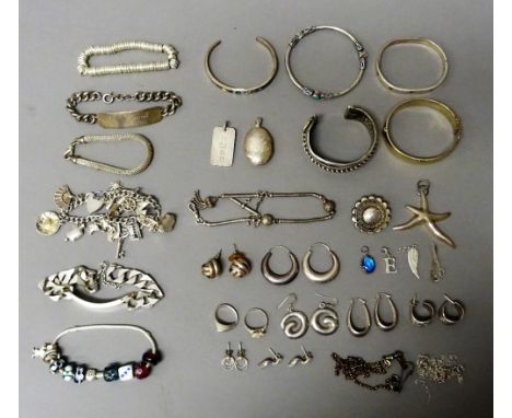 Silver and other jewellery, comprising; a charm bracelet, five further bracelets, a silver gilt bangle, four further bangles,