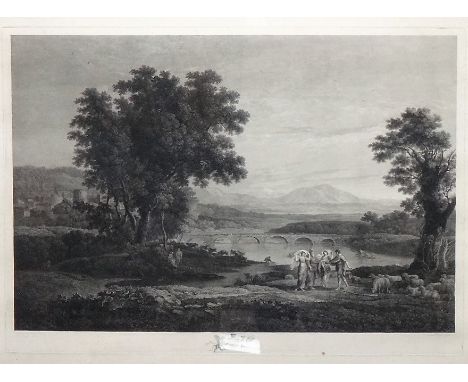 After Claude Lorraine, Classical figures in a landscape, engraving by Woollett, 55cm x 78cm.; together with a view of Brydden