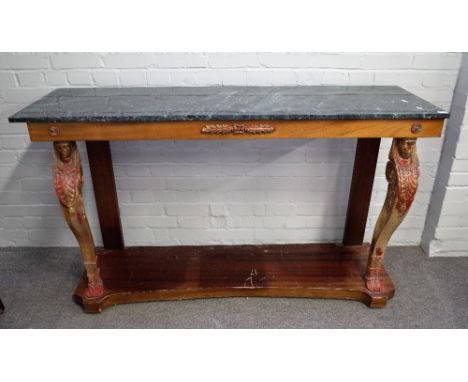 An 18th century style marble top console table on dual monopodia supports, 152cm wide x 92cm high.