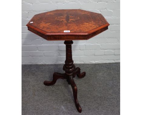 A Victorian marquetry inlaid figured walnut octagonal occasional table, on carved tripod base, 57cm diameter x 71cm high.