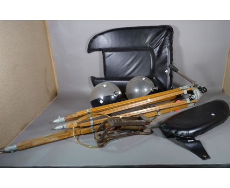 Collectables, including; a large surveyor's tripod, light fittings, leather seat cushion, boxes and sundry, (qty). 