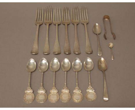 Silver flatware comprising six Old English pattern table forks, various dates, six Agricultural Society trophy spoons present