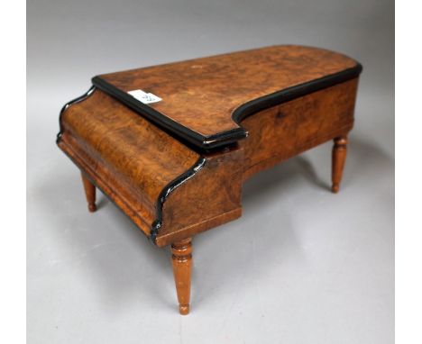 A late Victorian figured walnut novelty jewellery box in the form of a grand piano, 28cm wide x 43cm deep. 