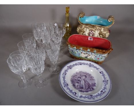 Ceramics and glass, including; part suite cut drinking glasses, a yellow etched decanter, majolica style jardinieres and sund