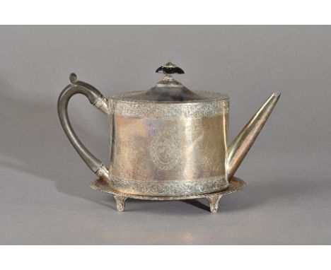 A George III silver teapot, of oval form, the body engraved with a shield and a motto, within feathered scroll engraved bands