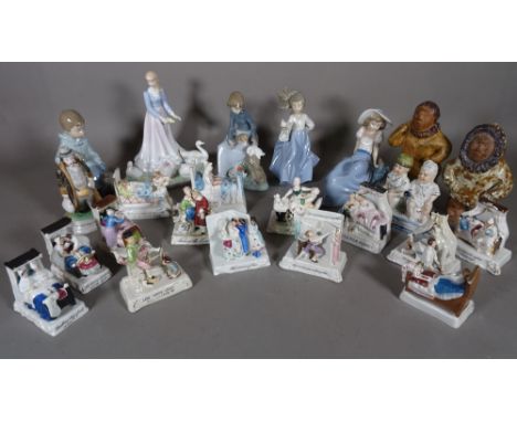 A group of four Nao figures and a quantity of mostly 20th century Continental figural bookends, candle holders and sundry, (q