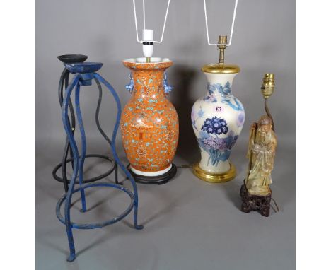 Lighting assorted to include; Chinese orange ground lamp base, modern decalcomania style lamp, pair wrought iron candle stand