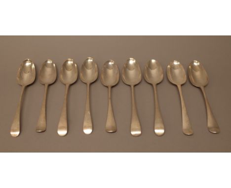 Silver table flatware, comprising; seven bottom marked Hanoverian pattern tablespoons and two further Hanoverian pattern tabl