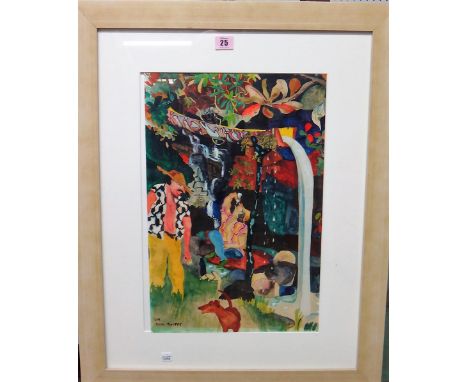 K** M** (20th century), Brazilian figures by a waterfall, watercolour, signed with initials and dated Nov 1975, 46cm x 30cm.